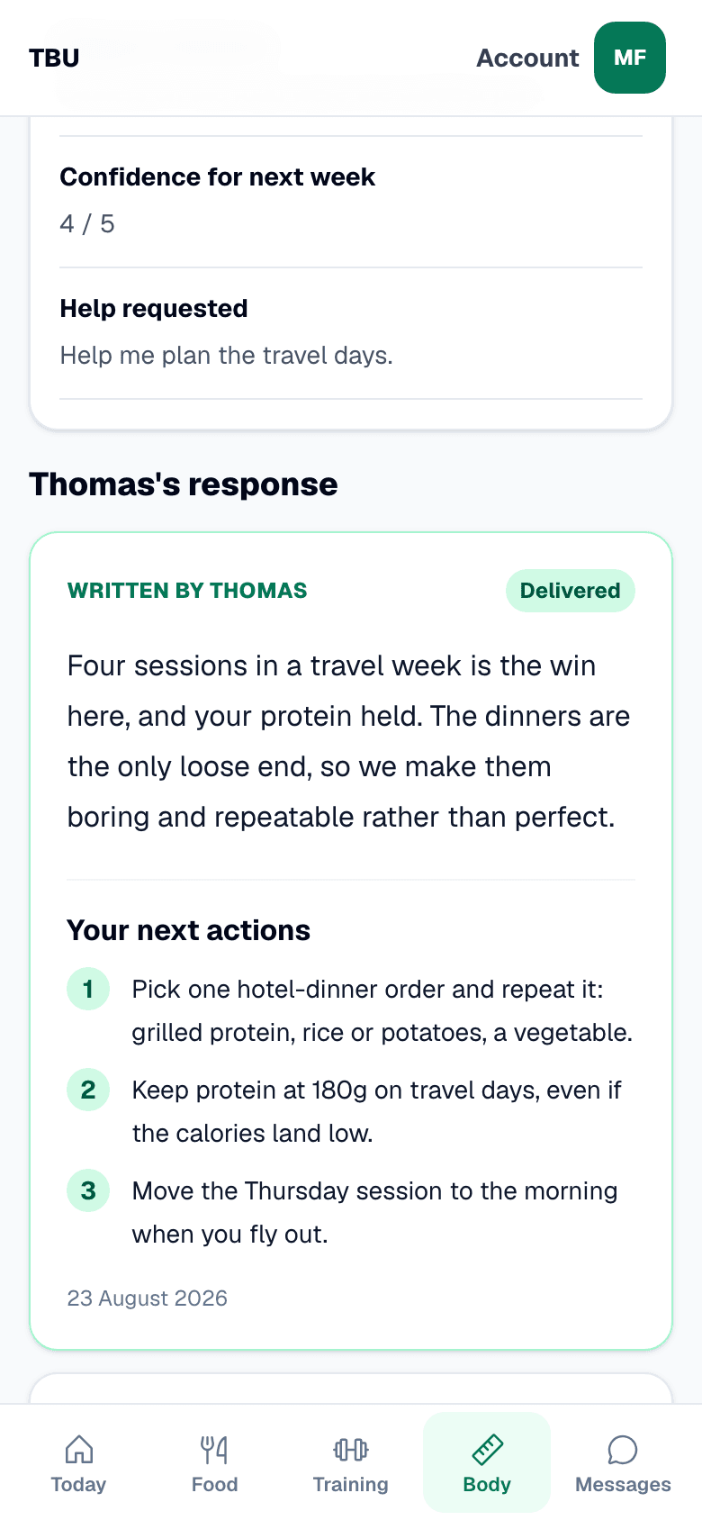 The Total Body Upgrade weekly check-in with a written coaching answer