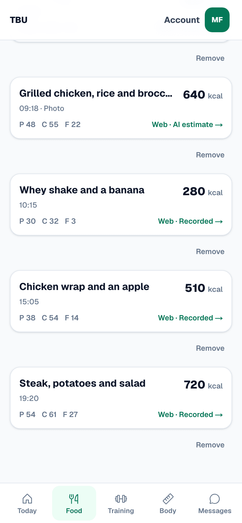 The Total Body Upgrade food log with a meal photo and labelled nutrition estimates