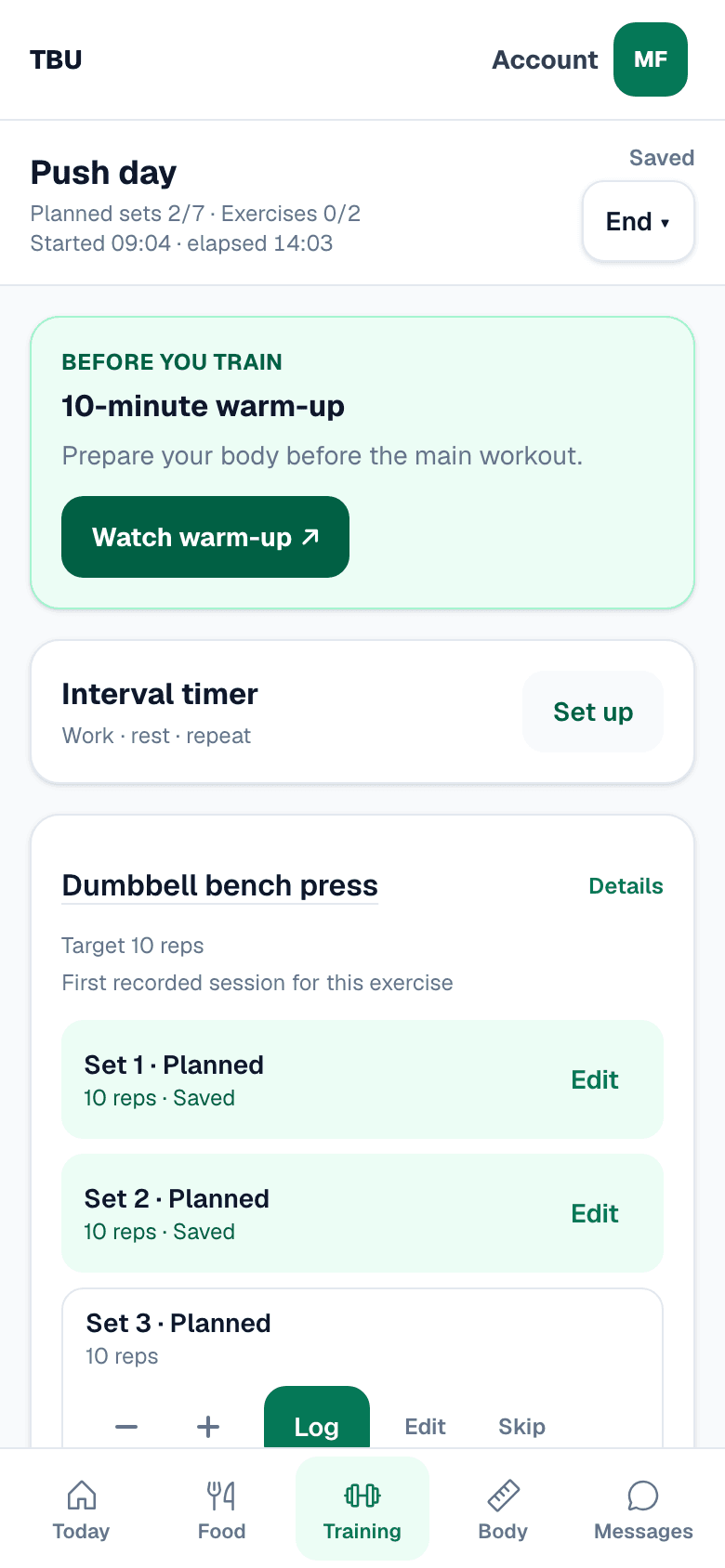 The Total Body Upgrade training session with coach-selected loads and a rest timer